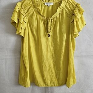 Rose & Olive Green Chartruese Ruffle Sleeve Tie-Neck Blouse